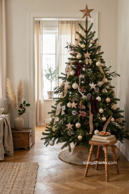 Neutral Christmas tree with cream ivory ornaments and coral green burgundy accents