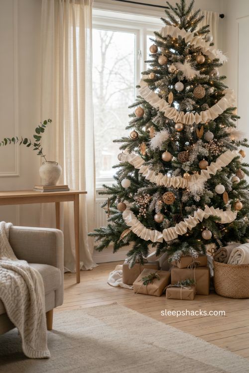 Neutral Christmas tree with fluffy cream ribbon loops and flocked branches 