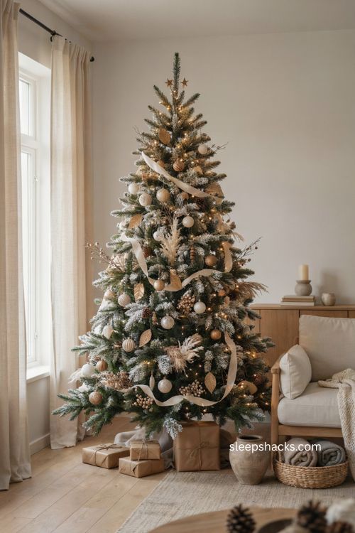 Neutral Christmas tree with gold glitter leaves fluffy white stems and berry picks 