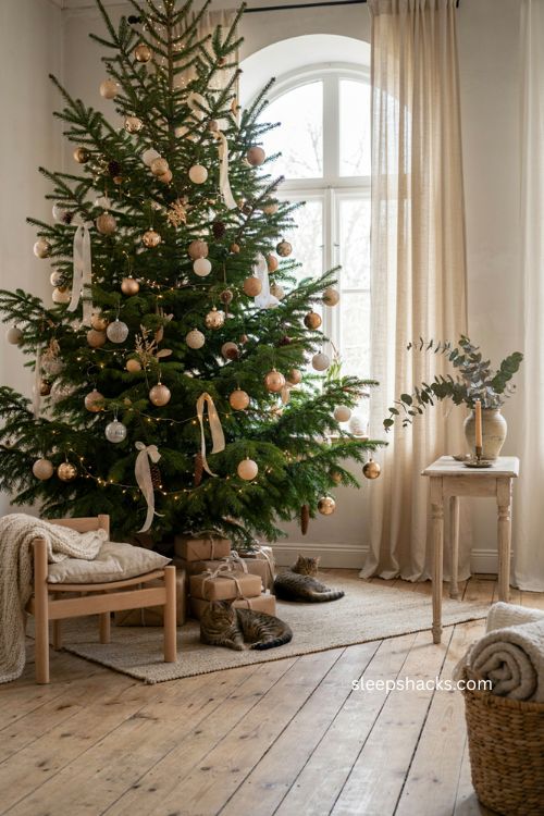 Neutral Christmas tree with matte cream glossy gold and glittery ornaments 