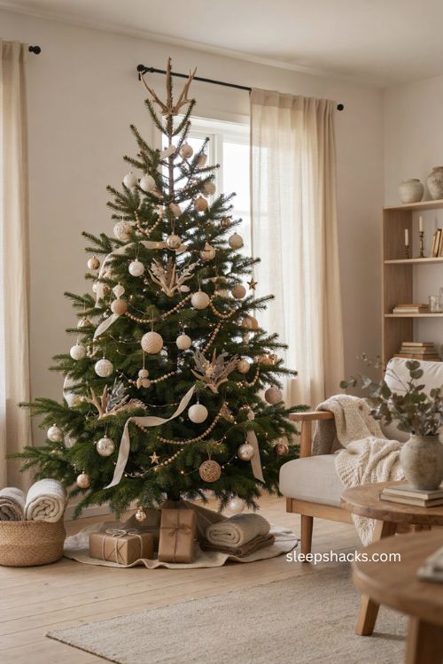 Neutral Christmas tree with natural wood antler and woven accents 