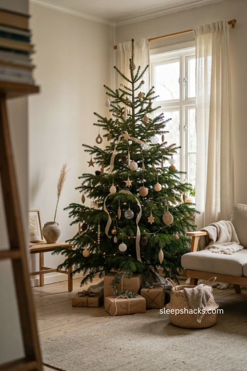 Neutral Christmas tree with varied ornament shapes stars teardrops and natural accents