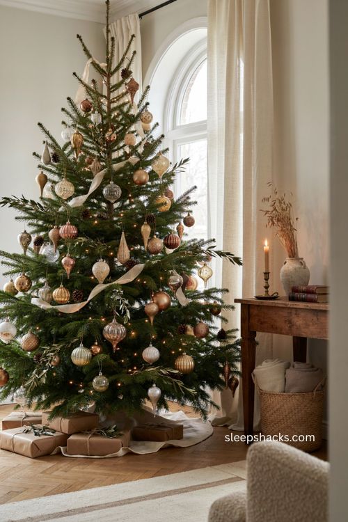 Neutral Christmas tree with vintage thrifted bronze gold and antique ornaments 
