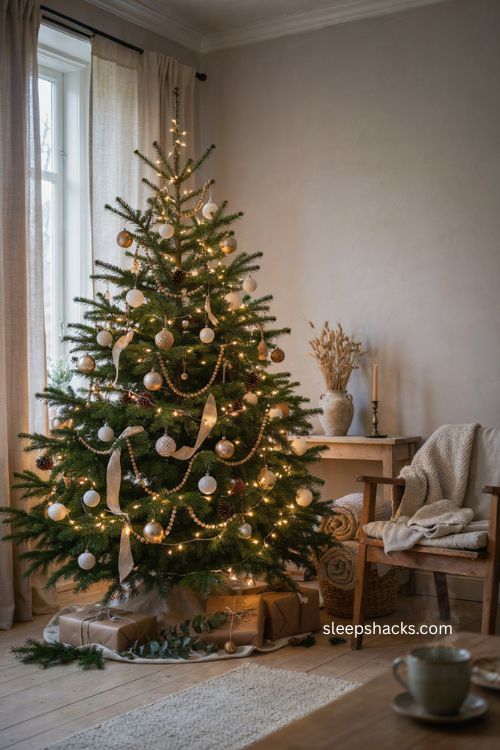 Neutral Christmas tree with warm white lights and cozy cream ornaments 