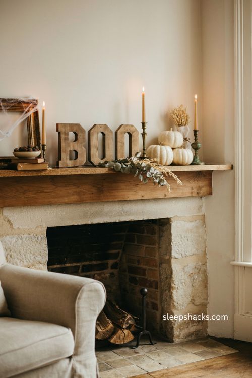 Neutral Halloween mantel with cream pumpkins wood boo sign and dried eucalyptus 