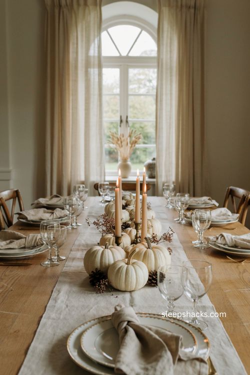 Neutral Thanksgiving centerpiece with white pumpkins cream candles and pinecones 