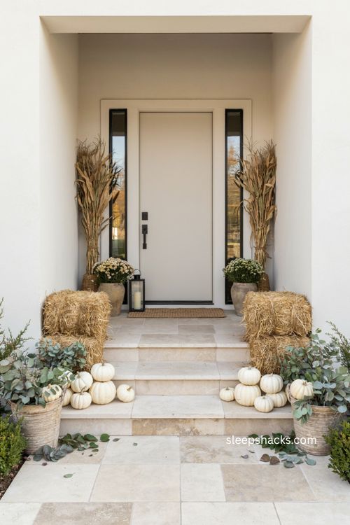 Neutral Thanksgiving porch with white pumpkins greenery mums corn stalks and hay bales 
