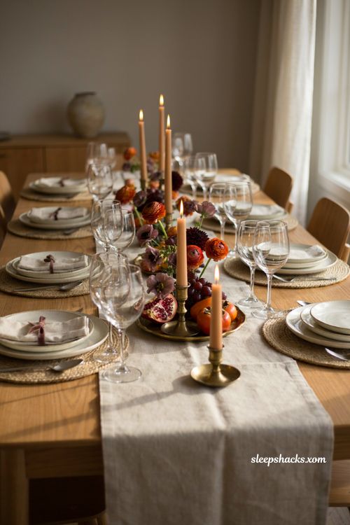 Neutral Thanksgiving table decor with deep orange purple jewel tone accents 