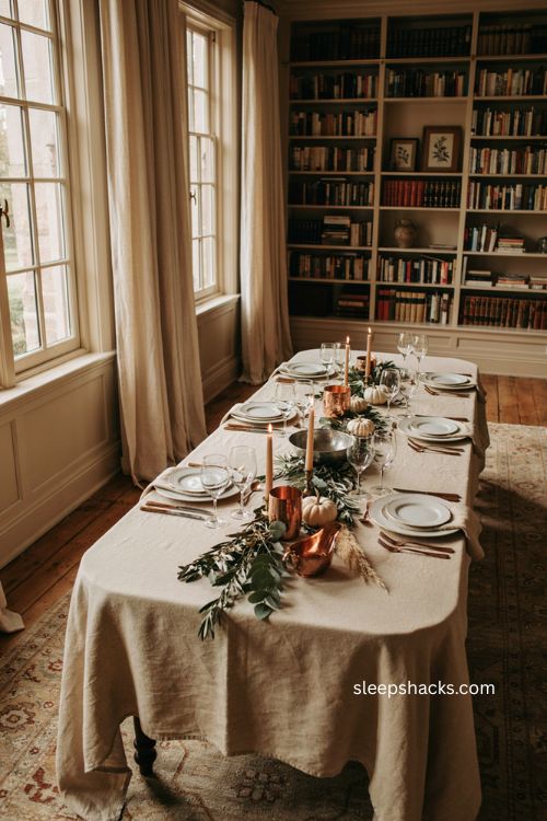 Neutral Thanksgiving table with cream linens white dinnerware and warm copper accents 