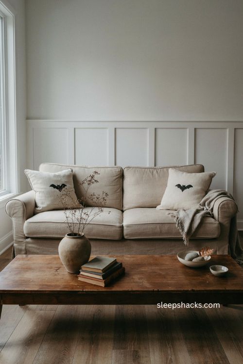 Neutral bat pillows for sophisticated understated Halloween fall decor