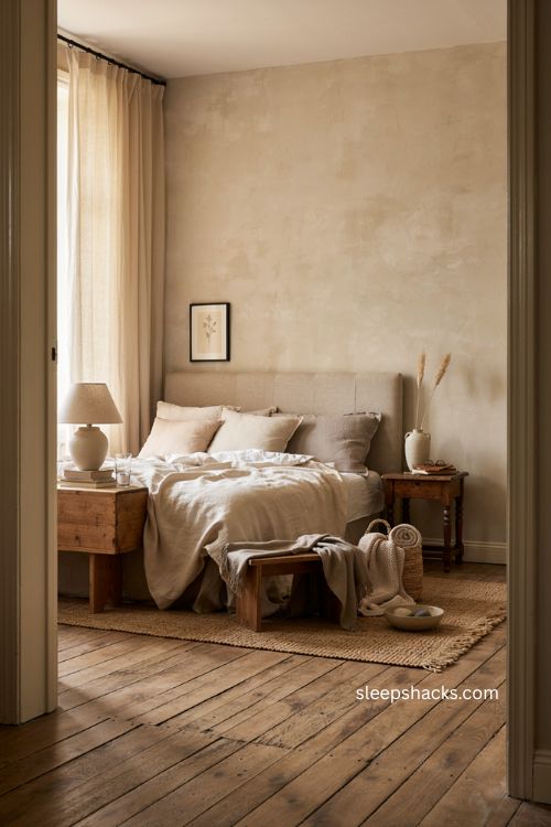Neutral bedroom ideas with layered textures warm ivory bedding and calm collected decor 