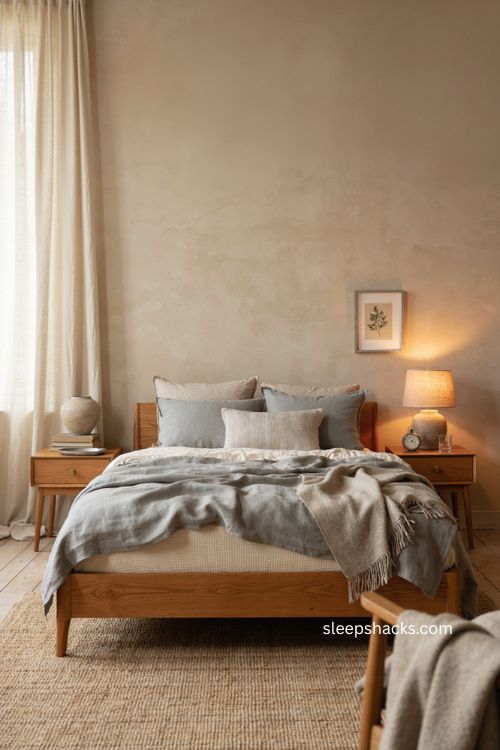 Neutral bedroom mixing warm beige wood with cool gray bedding and silver accents 