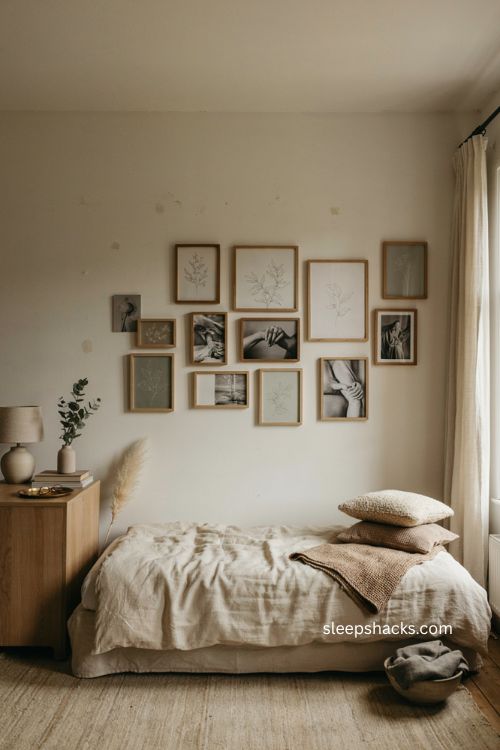 Neutral bedroom with Roman shade flowing curtains and layered linen window treatments 