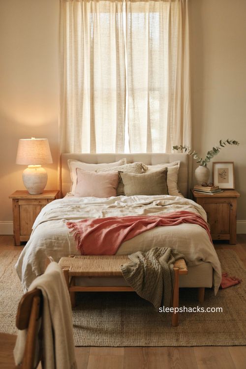 Neutral bedroom with blush pink olive and coral accents on layered cream bedding 