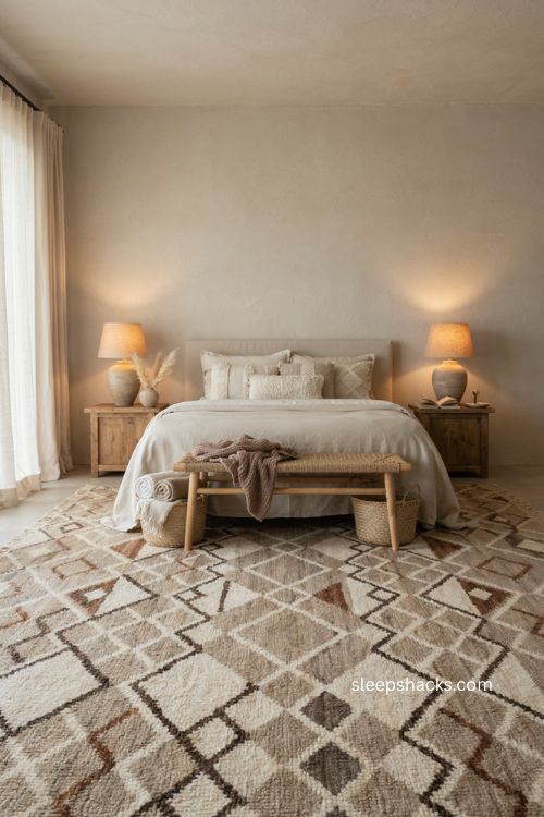 Neutral bedroom with bold Moroccan rug tonal pattern and cozy layered bedding 