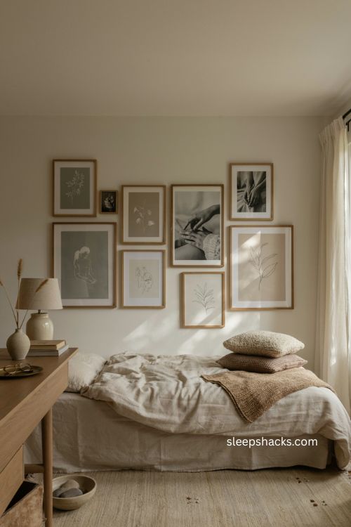 Neutral bedroom with botanical gallery wall vintage frames and soft layered decor 
