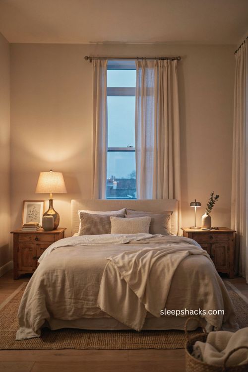 Neutral bedroom with brass gold accents warm lamp and layered linen bedding 