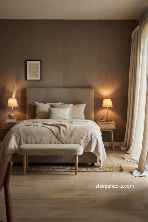 Neutral bedroom with deep taupe walls light wood furniture and pale linen drapes 