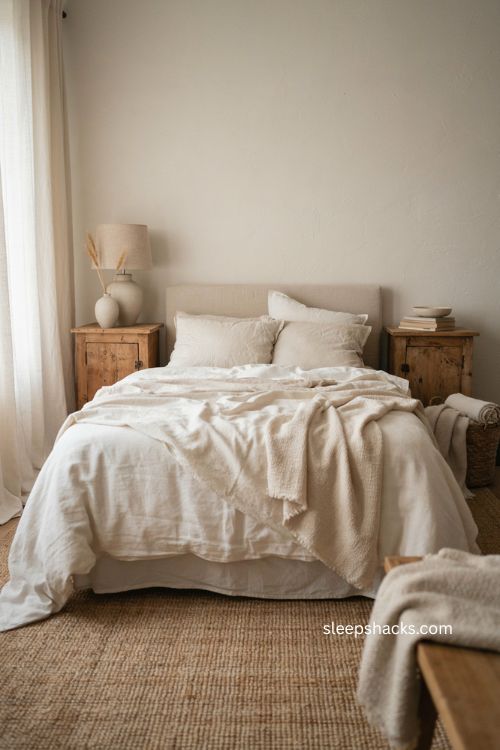 Neutral bedroom with layered linen cotton and wool bedding in soft cream tones 