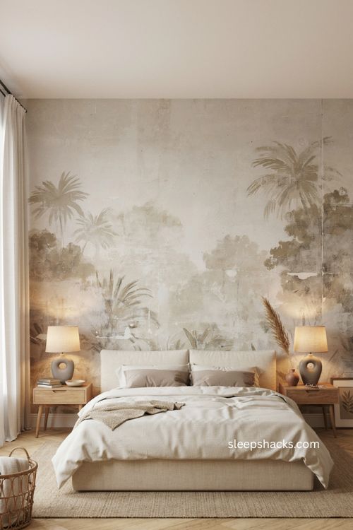 Neutral bedroom with muted landscape mural cream linen bedding and simple decor 