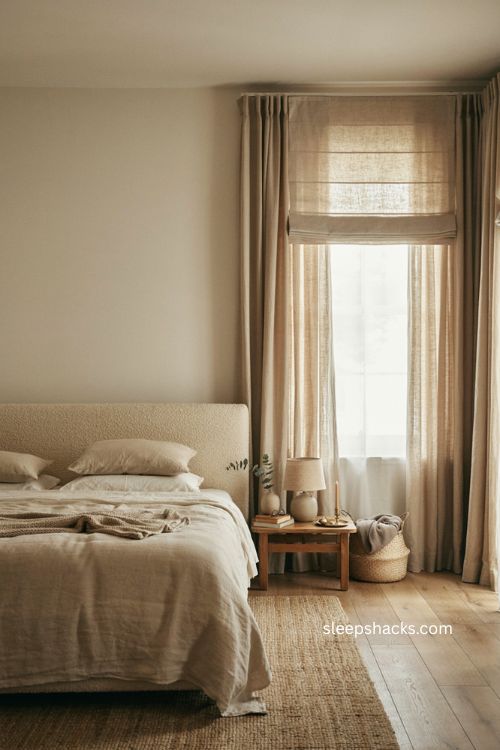Neutral bedroom with taupe soft brown muted green bedding and earthy warm decor 