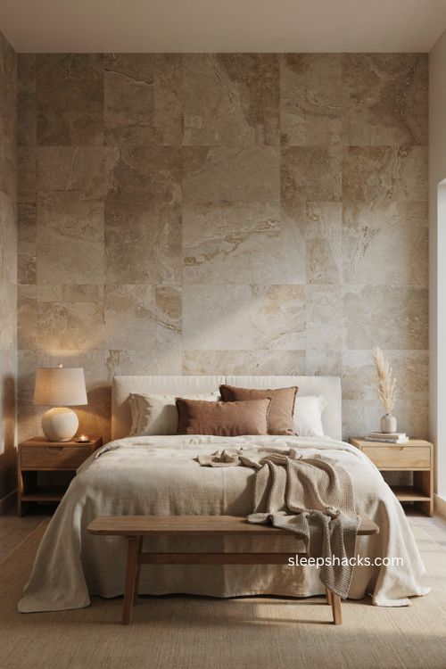 Neutral bedroom with travertine stone wallpaper cream bedding and chocolate accents 