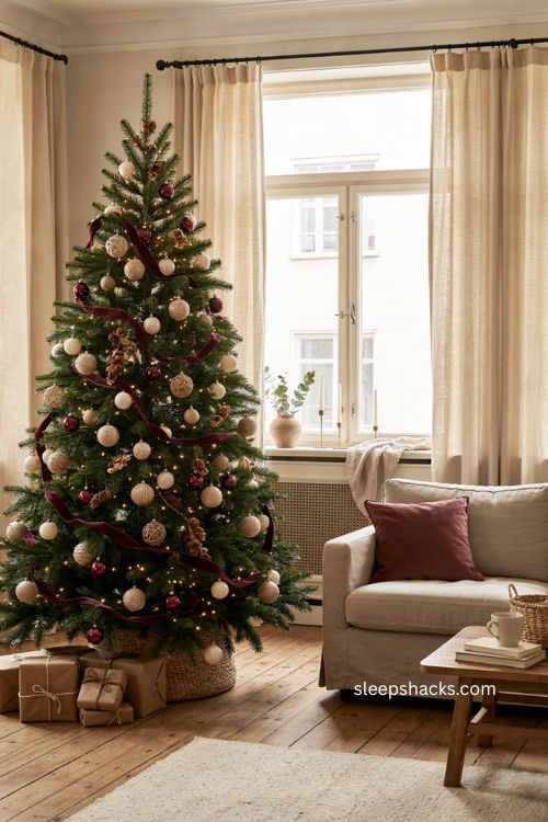 Neutral cream Christmas tree with burgundy ribbon and accent ornaments 