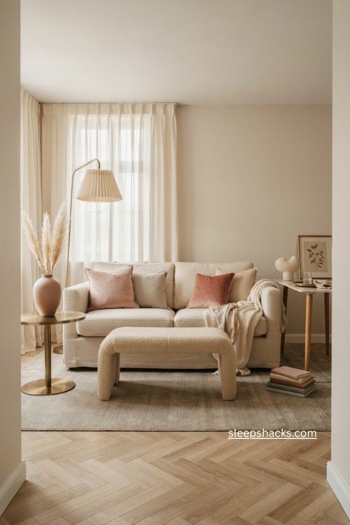 Neutral dreamy glam living room with dusty pink cream and gray decor 