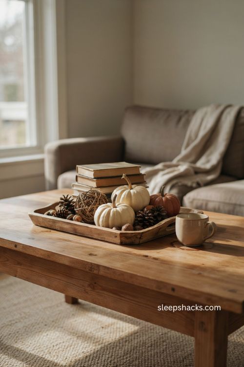 Neutral fall coffee table tray with pumpkins pinecones acorns books and rustic wood