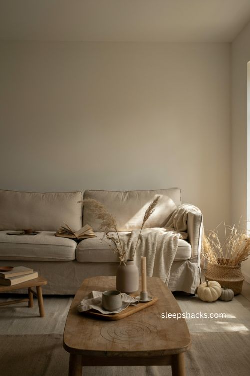 Neutral fall decor with warm linen wood and dried grasses in a cozy living room