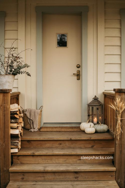 Neutral fall porch vignette with white pumpkins sage accents and natural textures