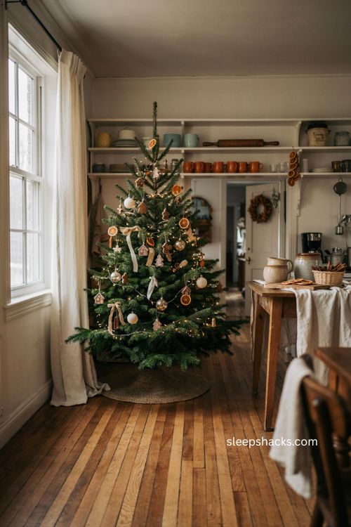 Neutral gingerbread Christmas tree with cream brown ornaments and cozy kitchen decor 
