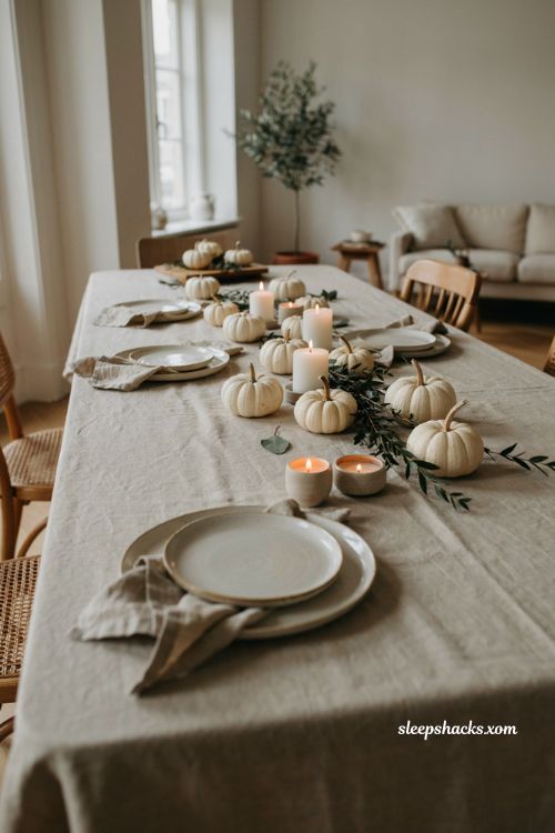 Neutral layered Christmas tablescape with mini pumpkins candles and greenery