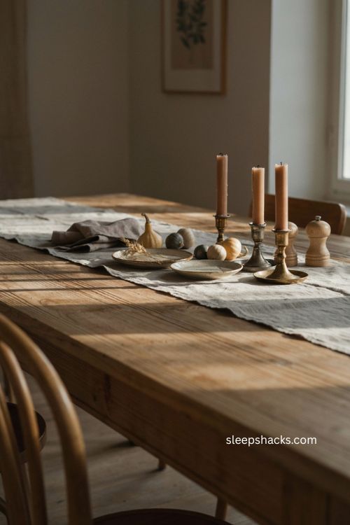 Neutral linen table runner with small gourds and candles for minimalist Halloween decor