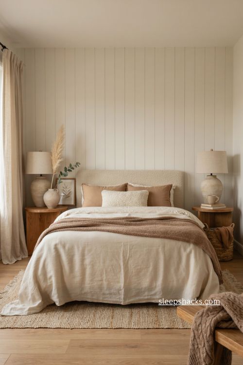 Neutral primary bedroom with layered textures linen boucle shiplap and warm taupe