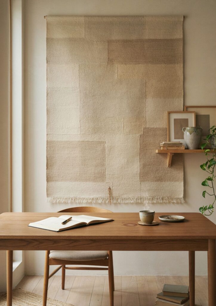 Neutral woven wall hanging with framed art in a warm modern home office