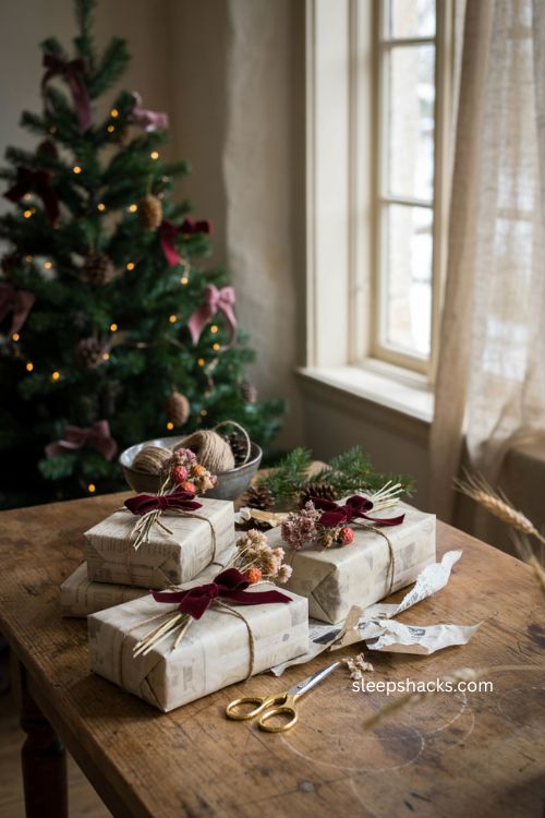 Newspaper Christmas wrapping ideas with velvet bows jute string and dried flowers 