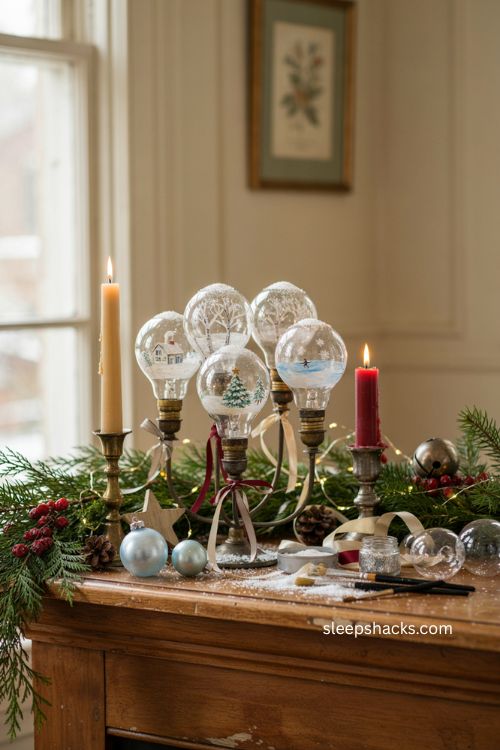 Night light bulb ornaments diy recycled Christmas mantel decor
