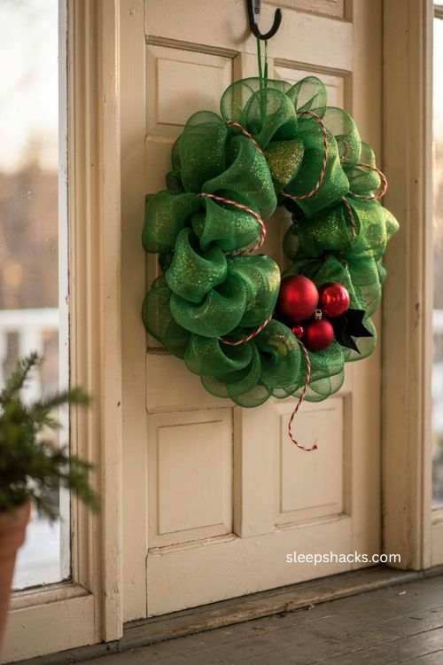 No sew grinch wreath with green mesh red ornaments and striped ribbon