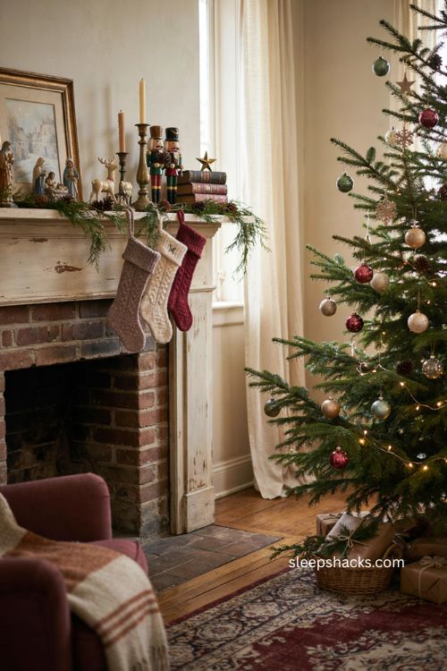 Nostalgic Christmas mantel with vintage ornaments and cozy imperfect holiday decor 