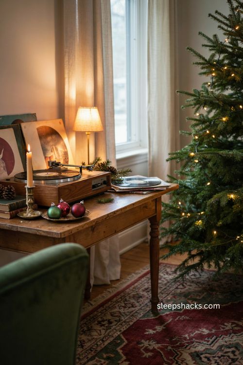 Nostalgic Christmas record player corner with vintage holiday albums cozy tree and warm decor