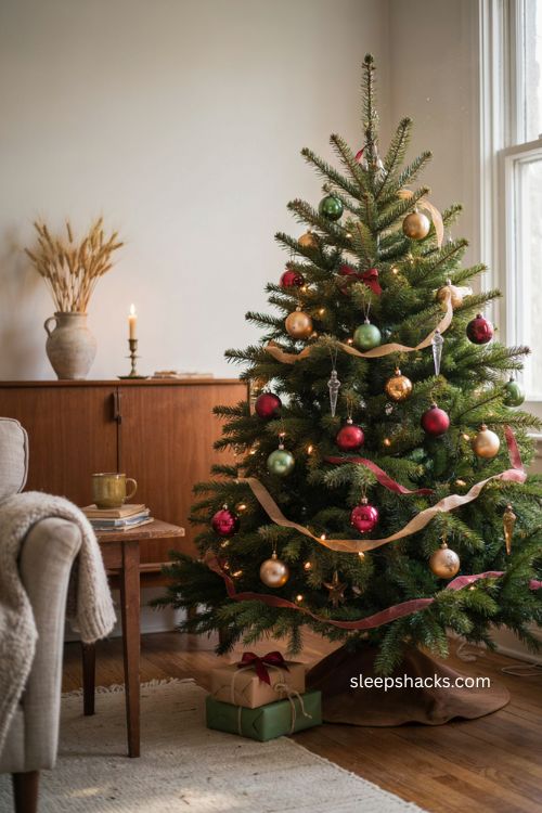Nostalgic Christmas tree with avocado green harvest gold and cranberry retro vintage holiday decor 