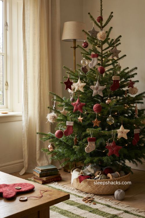 Nostalgic Christmas tree with handmade felt and yarn ornaments cozy vintage craft decor 