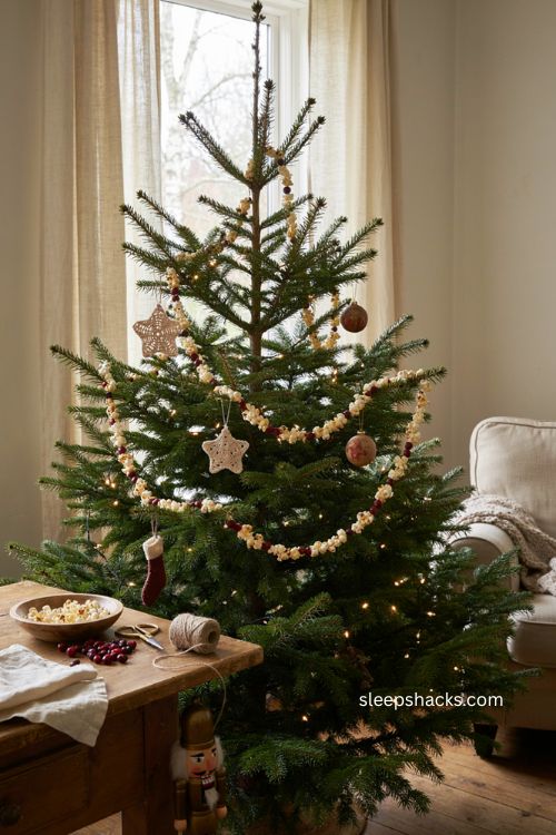 Nostalgic Christmas tree with handmade popcorn and cranberry garland cozy vintage holiday decor 