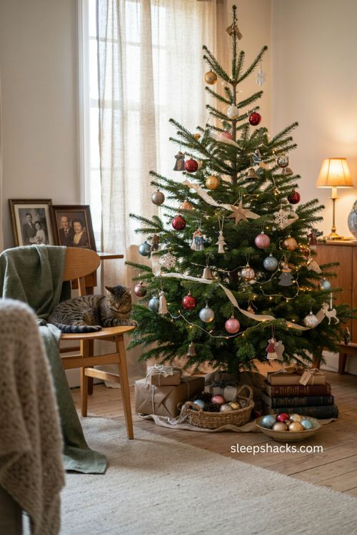 Nostalgic Christmas tree with mismatched vintage ornaments sentimental decorations warm cozy living room 