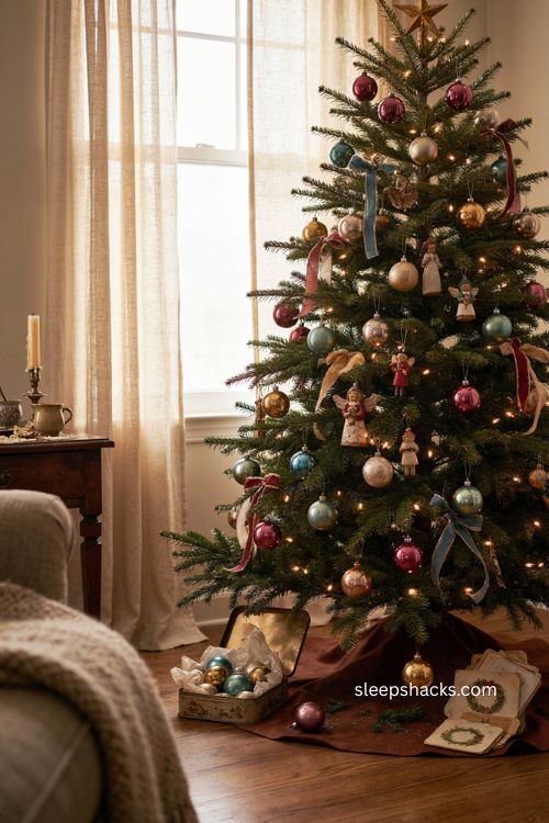 Nostalgic Christmas tree with mixed vintage and new ornaments heirloom decorations collected over time 
