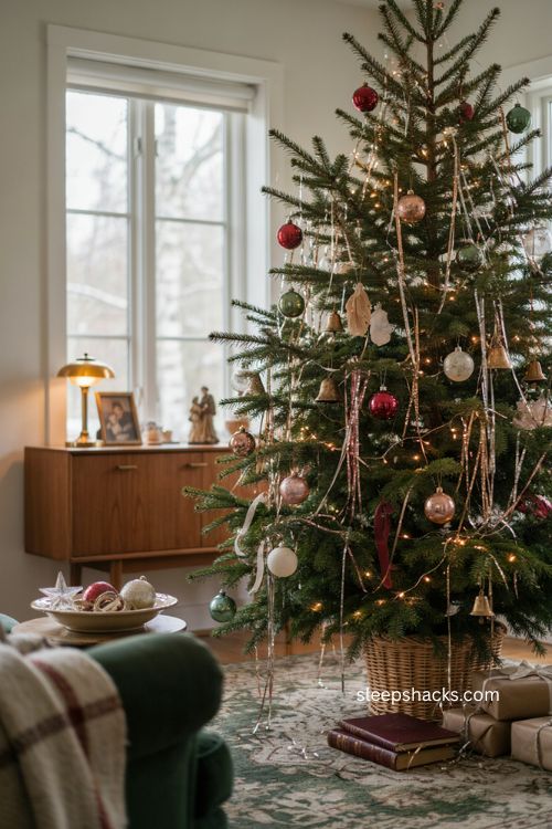 Nostalgic Christmas tree with retro tinsel icicles vintage ornaments soft metallic shimmer cozy living room 