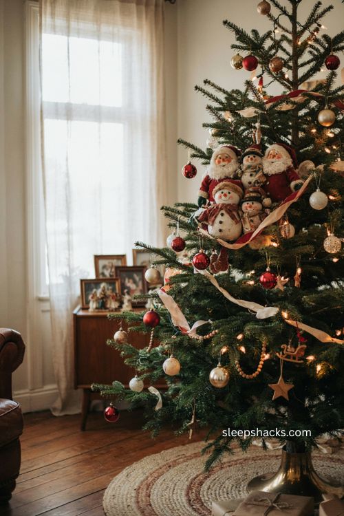 Nostalgic Christmas tree with vintage Santa and snowman ornaments cozy old fashioned holiday decor 