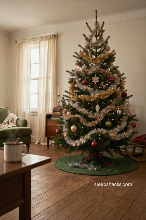 Nostalgic Christmas tree with vintage dime store tinsel garland avocado gold and cranberry ornaments