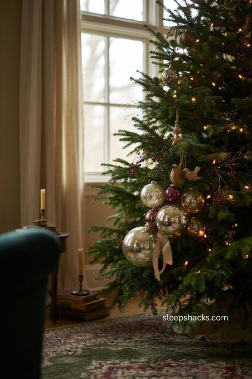 Nostalgic Christmas tree with vintage glass kugel ornaments aged mercury glass antique silver holiday decor 
